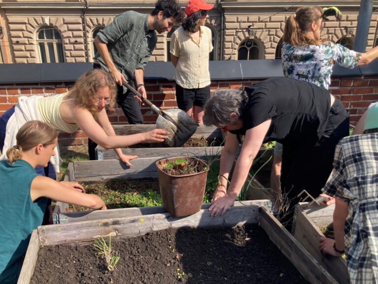 people gathered around planter boxes, looking at the soil